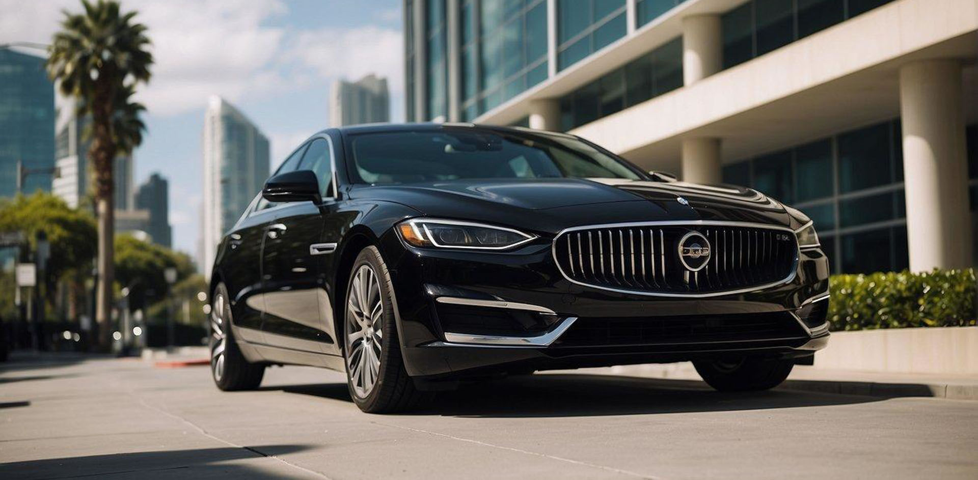 A sleek black luxury sedan pulls up to a modern office building in downtown San Diego, with the company logo prominently displayed on the side