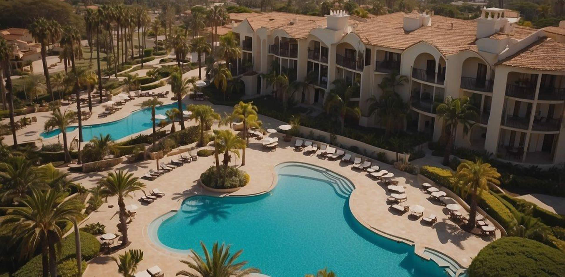 Aerial view of 10 luxury resorts in San Diego, with pools, beachfront access, and lush landscaping, surrounded by palm trees and ocean views