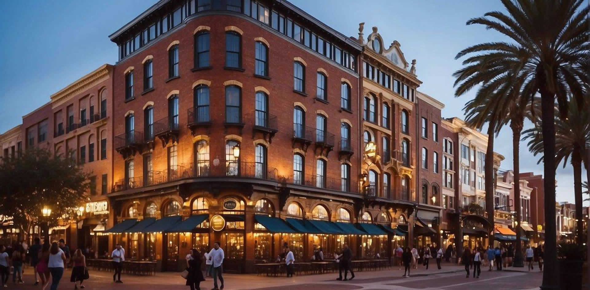 People strolling past trendy shops and restaurants in Gaslamp Quarter, with historic architecture and bustling energy